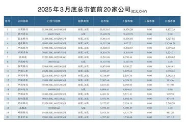 3月总市值前20家公司